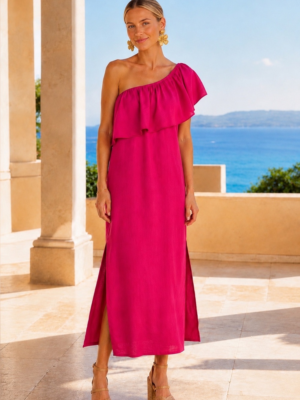 Pomander Place Florencia One Shoulder Midi Dress Fuchsia Large